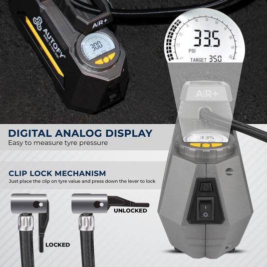 Autofy AIR+ 150PSi Car Tyre Inflator Pump (Digital & Analog Hybrid Display)
