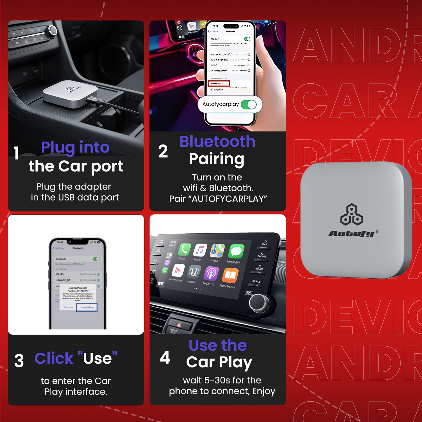 Autofy K713B 4GB RAM 64GB Storage with PlayStore *Download Unlimited Apps* Video Box Wireless Carplay Adapter Works Only With Cars having Wired Car play