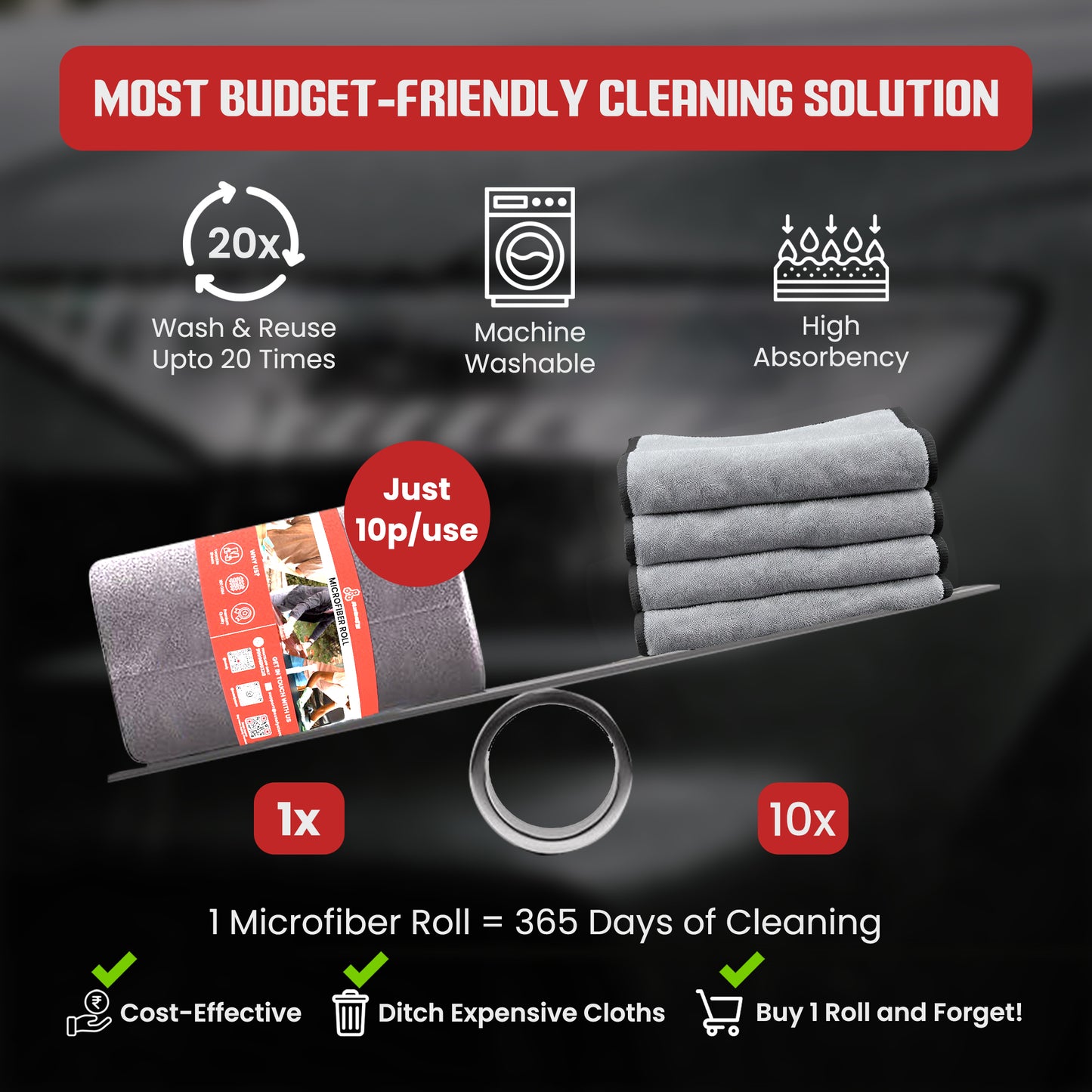 Autofy 25 Pcs Tearable Microfiber Roll Cleaning Cloth Size 30x30cm