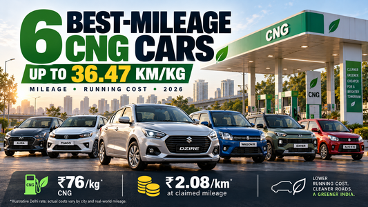6 CNG Cars With the Best Mileage in India 2026 (Up to 36.47 km/kg): Running Cost Per Km Compared