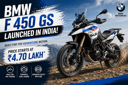 Close-up of BMW F 450 GS with knobby tires, tall windscreen, and touring-ready features