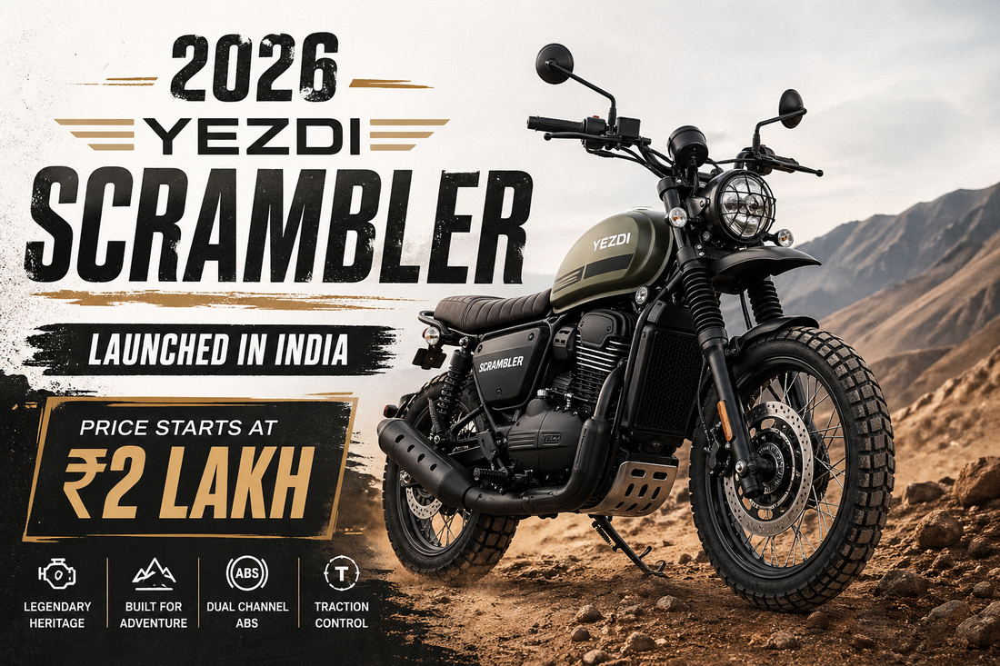 2026 Yezdi Scrambler adventure bike featuring traction control and classic retro styling