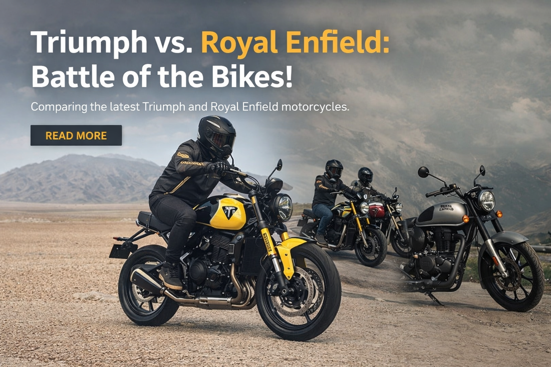 Triumph vs Royal Enfield bikes comparison hero banner showing Triumph Trident 660, Bonneville T120 and Royal Enfield Classic 350 with riders and blog headline