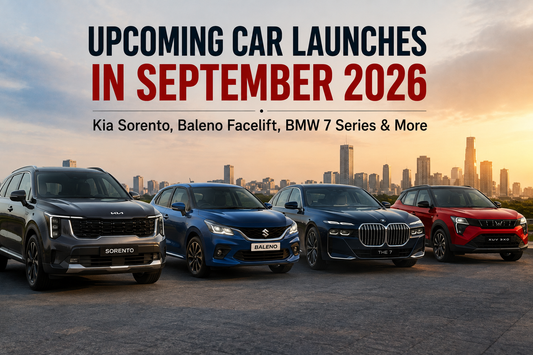Upcoming car launches in September 2026 featuring the Kia Sorento, Baleno facelift, BMW 7 Series, and other new models.