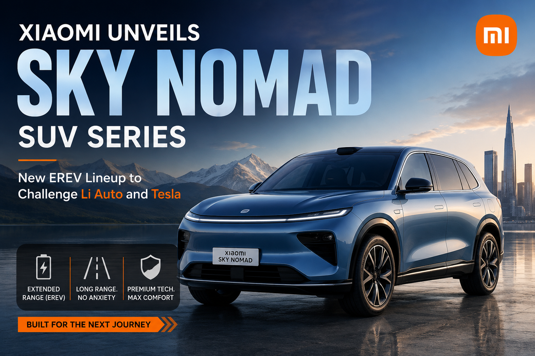 Xiaomi Sky Nomad SUV Series banner showcasing the new EREV SUV designed to compete with Li Auto and Tesla in the premium electric vehicle segment.