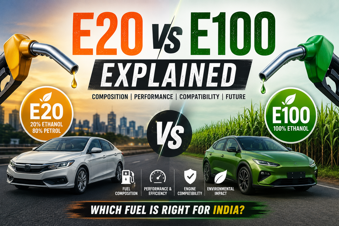 Close-up of two fuel nozzles with a split fuel droplet, comparing conventional E20 petrol blend and E100 ethanol against industrial and sugarcane backgrounds.