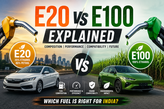 Close-up of two fuel nozzles with a split fuel droplet, comparing conventional E20 petrol blend and E100 ethanol against industrial and sugarcane backgrounds.