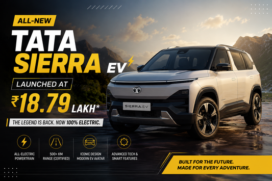 Tata Sierra EV parked outdoors showcasing its modern electric SUV design from a front three-quarter angle