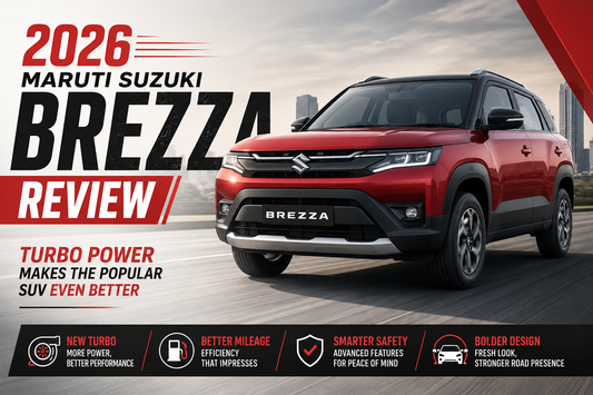 2026 Maruti Suzuki Brezza review banner featuring the red SUV with a new turbo engine, highlighting improved performance, mileage, safety, and bold styling.