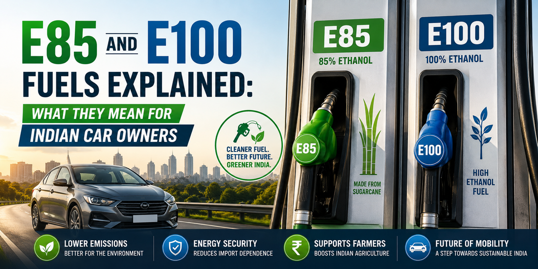  E85 and E100 ethanol-blended fuels in India, with green and blue fuel nozzles, a passenger car on a highway, and visual highlights of cleaner fuel technology, reduced oil dependence, and the future of eco-friendly transportation.
