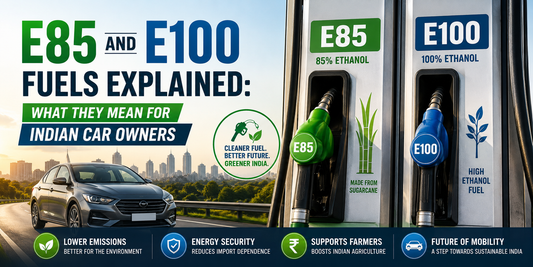  E85 and E100 ethanol-blended fuels in India, with green and blue fuel nozzles, a passenger car on a highway, and visual highlights of cleaner fuel technology, reduced oil dependence, and the future of eco-friendly transportation.