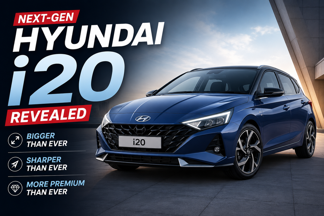 Next-Gen Hyundai i20 revealed with sharper design, premium styling, larger dimensions, and futuristic front fascia showcased in a modern automotive banner.