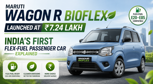Maruti Wagon R BioFlex launched at ₹7.24 lakh, India's first flex-fuel passenger car compatible with E20 to E85 ethanol fuel.