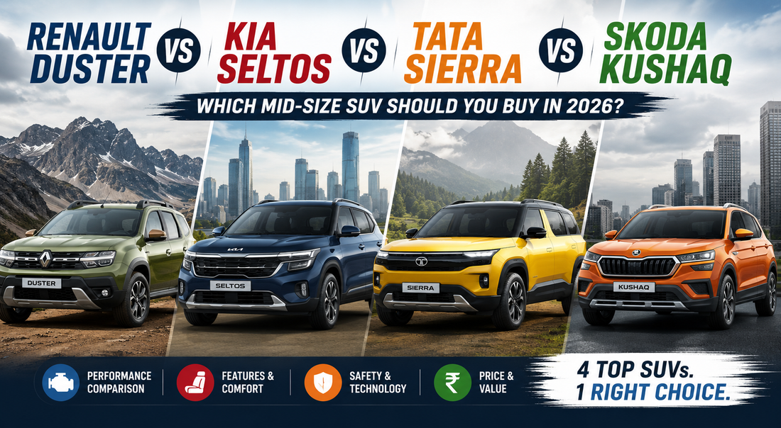 Renault Duster vs Kia Seltos vs Tata Sierra vs Skoda Kushaq comparison banner showcasing the top mid-size SUVs to buy in 2026.
