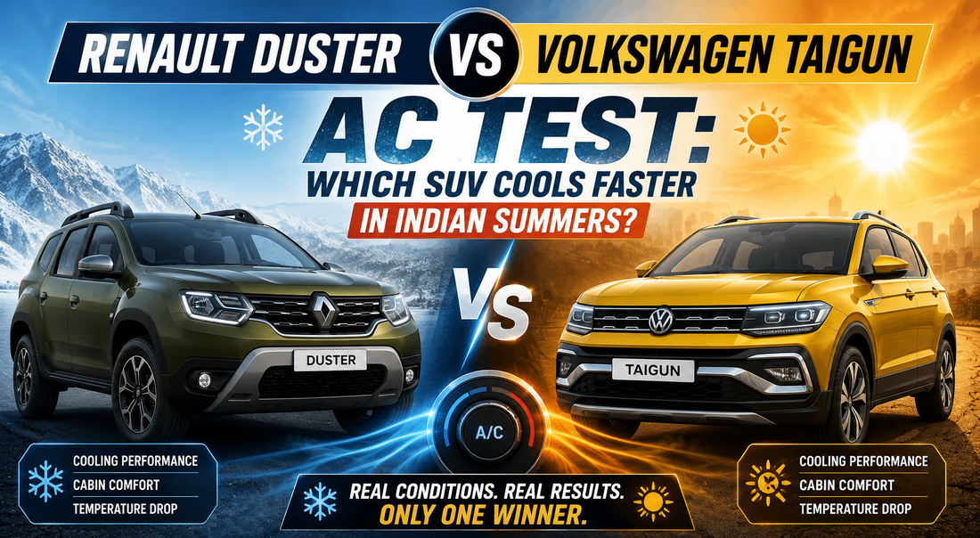 Renault Duster vs Volkswagen Taigun AC performance comparison during an Indian summer cooling test.