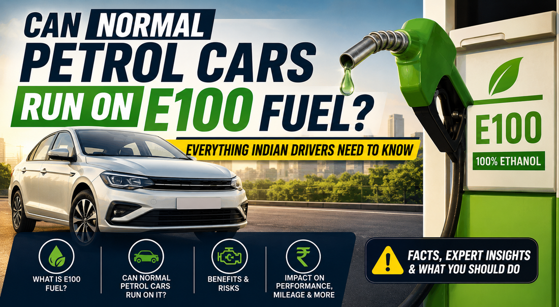 Concept image of a petrol sedan with an E100 fuel dispenser and eco-friendly ethanol theme for Indian automotive technology.