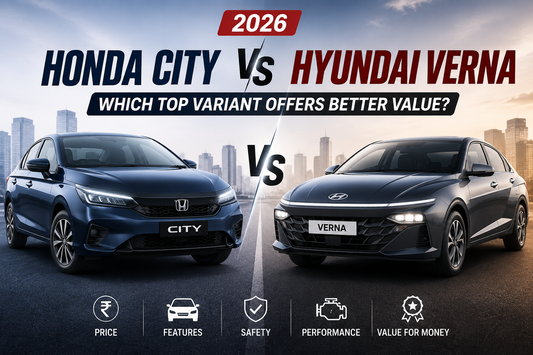 2026 Honda City vs Hyundai Verna comparison banner showing both sedans side by side with a detailed top variant value comparison based on features, safety, performance, and pricing.