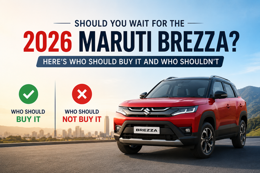 Should You Wait for the 2026 Maruti Brezza? Banner featuring the upcoming SUV with a buy or wait decision guide.
