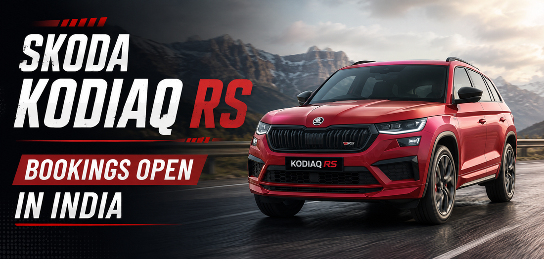 Skoda Kodiaq RS bookings open in India with a red performance SUV driving on a mountain road.