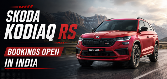 Skoda Kodiaq RS bookings open in India with a red performance SUV driving on a mountain road.