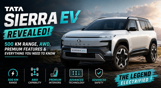 A white Tata Sierra EV SUV parked on a rugged mountain road at sunset, with bold text highlighting its 500 km range, AWD capability, premium features, advanced technology, and safety for a blog about the newly revealed electric SUV.