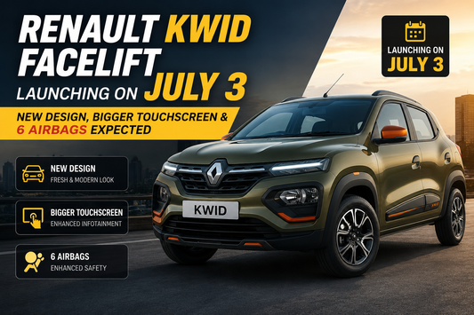 Renault Kwid Facelift launching on July 3 with a refreshed exterior design, larger touchscreen infotainment system, and six airbags expected.