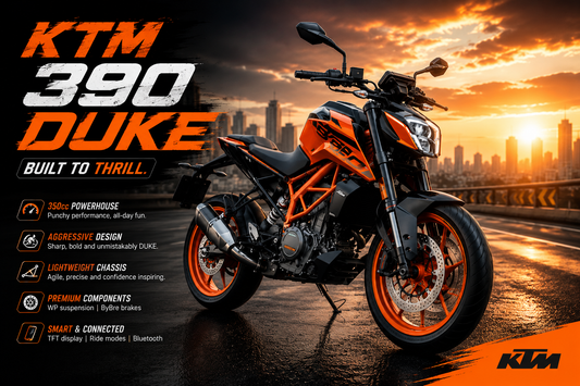 KTM 390 Duke 2026 parked on a city highway during sunset with aggressive streetfighter styling and orange alloy wheels.