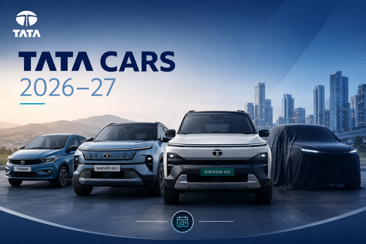 Tata Cars 2026–27 lineup banner featuring Sierra EV, Safari EV, Tiago facelift and upcoming Tata models with futuristic city backdrop