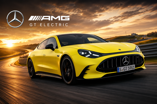 Mercedes-AMG GT Electric blog banner featuring high-performance yellow electric coupe on track with dramatic sunset background