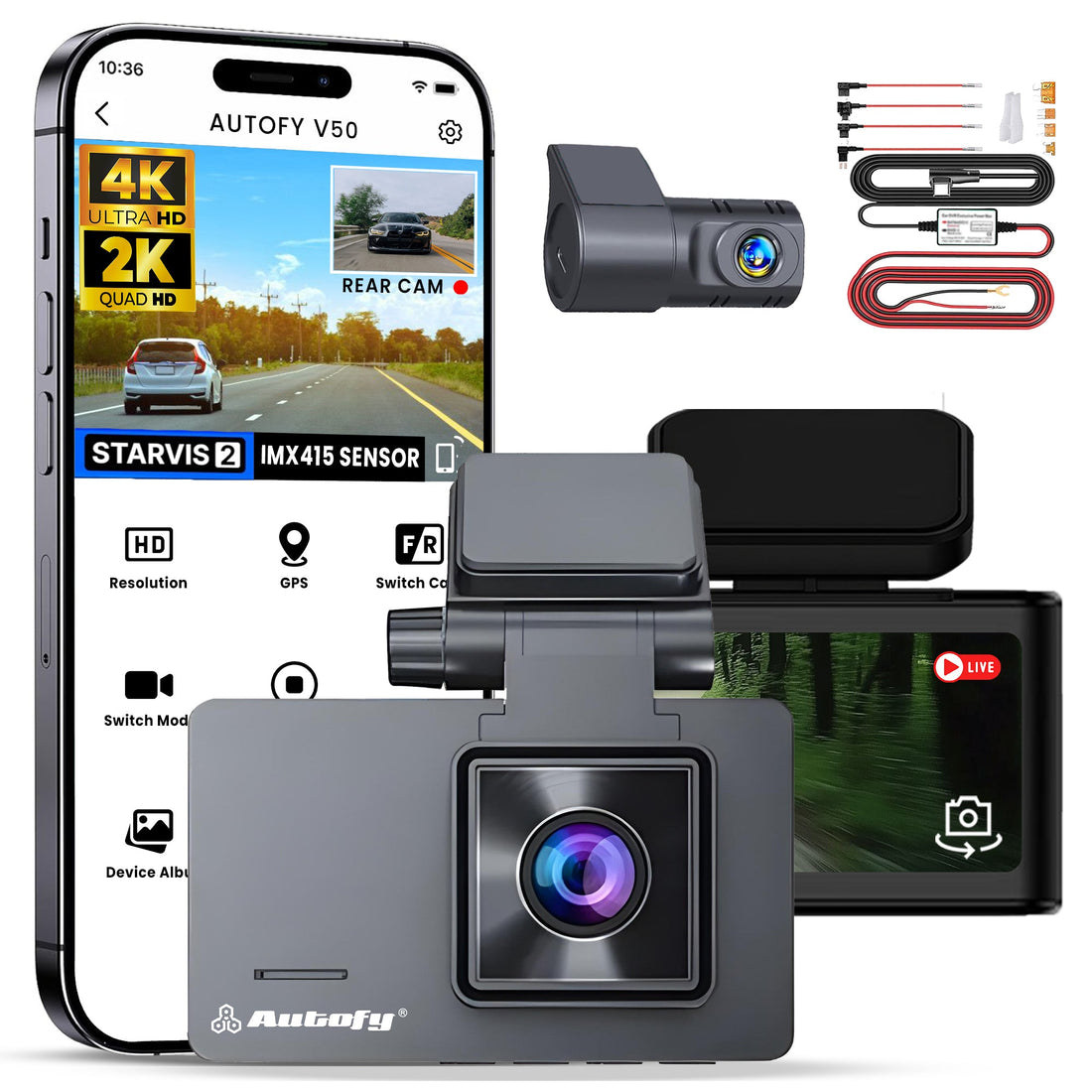 Autofy V50 4K dash camera front unit with a three inch display