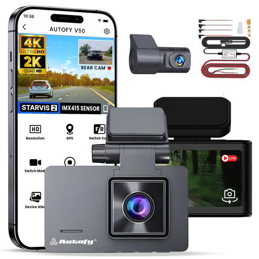 Autofy V50 4K dash camera front unit with a three inch display