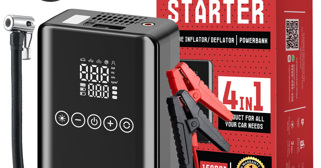 Autofy VoltX car jump starter and 150 PSI tyre inflator with LCD display