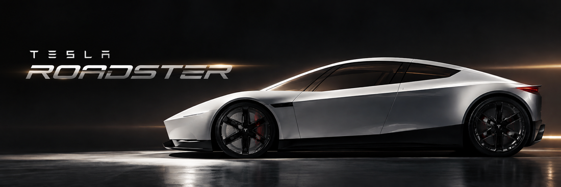 Tesla Roadster in a sleek silver finish, showcased in a dark cinematic studio with dramatic lighting, reflective flooring, and minimalist metallic “TESLA ROADSTER” typography.