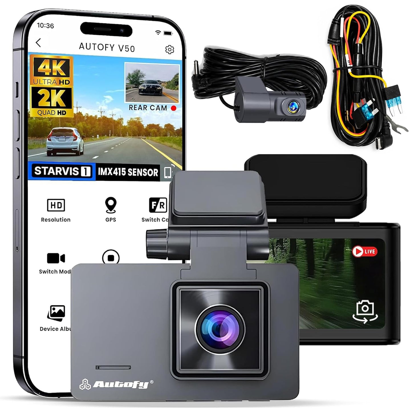 Autofy V50 Car Dash Camera 4K Ultra HD (8MP) Front 2K QHD (4MP) Rear STARVIS 1 IMX415 Sensor & Built-in GPS