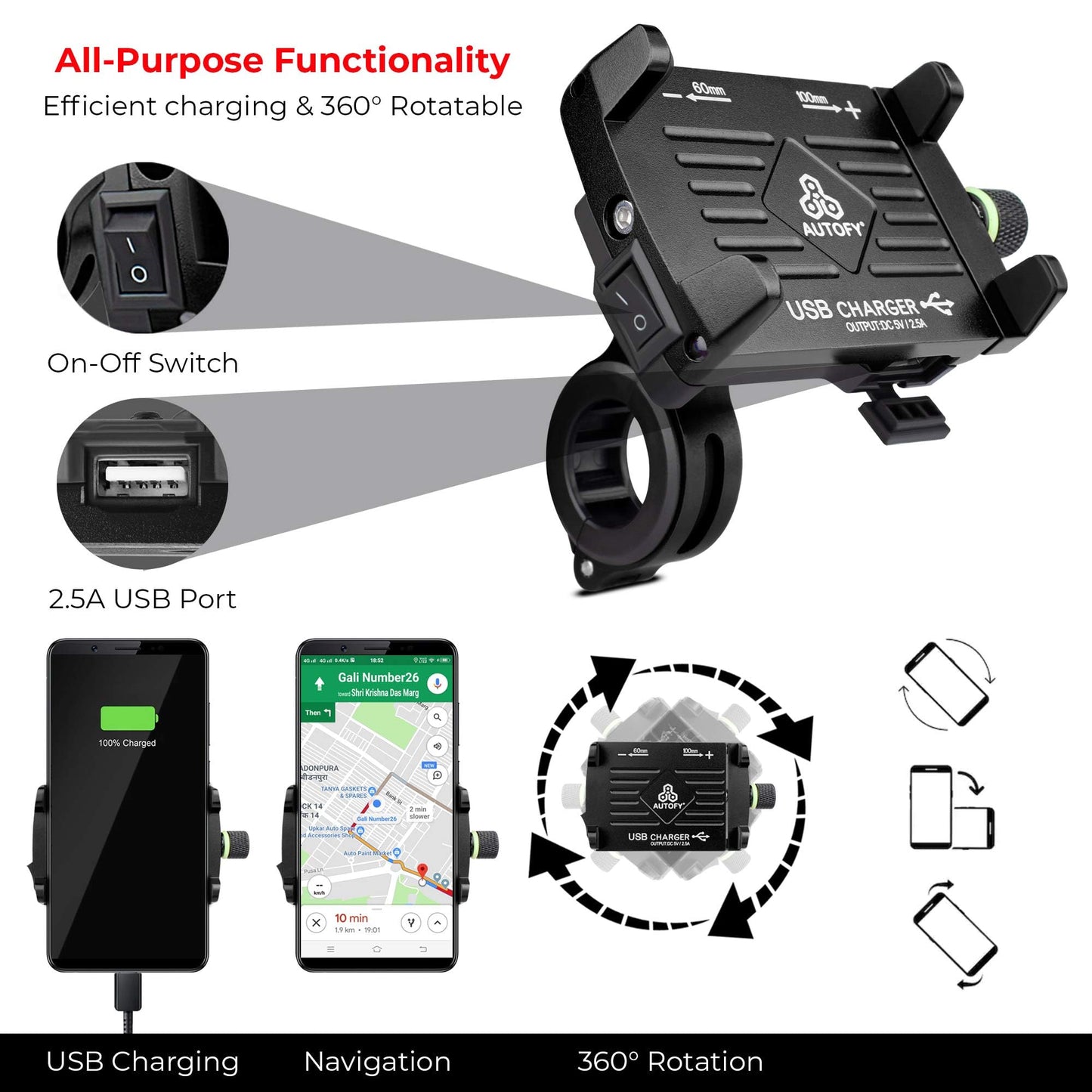 Autofy NEO Aluminium Bike Mobile Holder with USB Charger