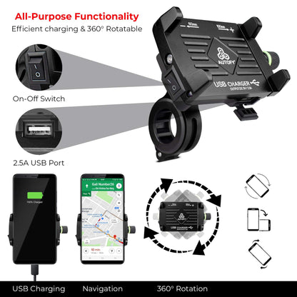 Autofy NEO Aluminium Bike Mobile Holder with USB Charger