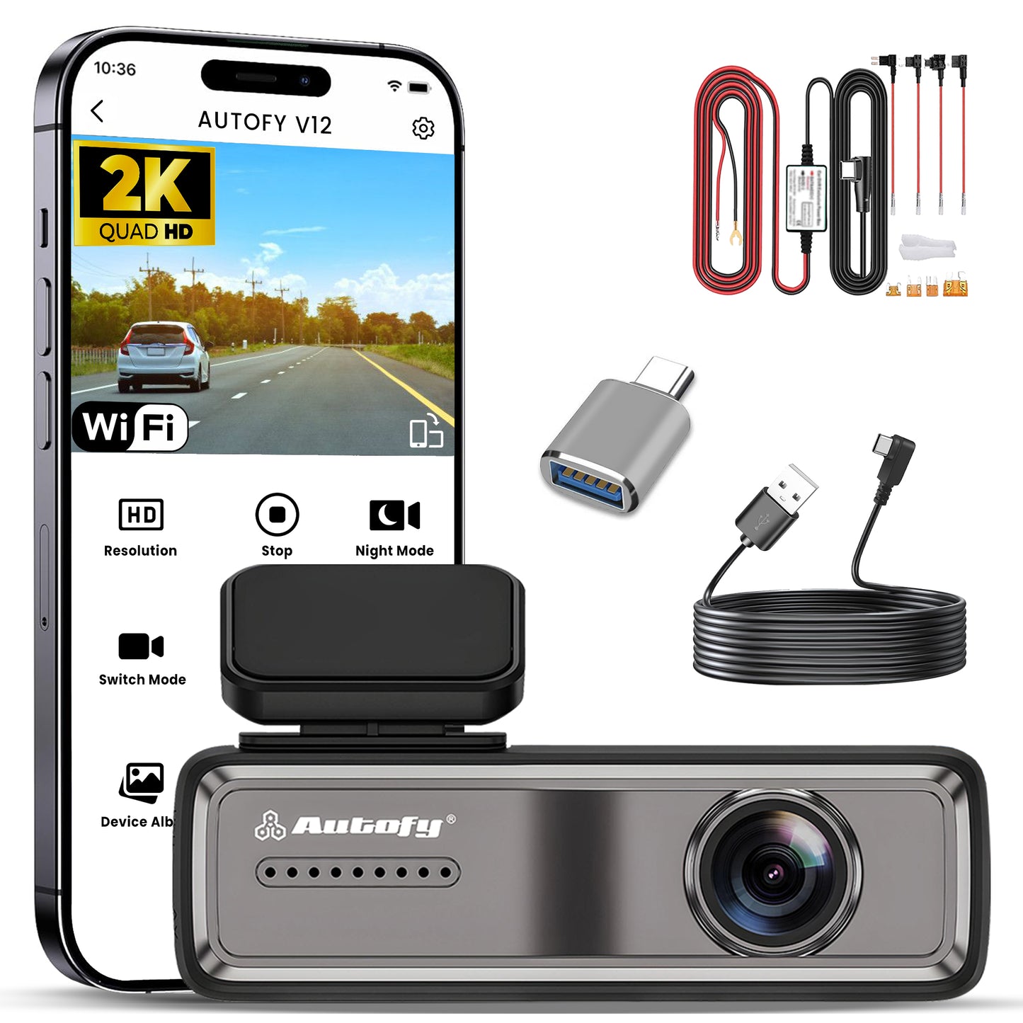 Autofy V12 Car Dash Camera 2K QHD (4MP) Plug & Play with USB & Type-C Fitting & Free Acc Wiring Kit