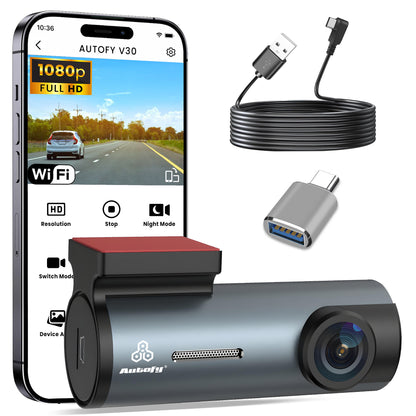 Autofy V30 Car Dash Camera 1080p HD (Front 2MP) with Plug & Play USB & Type-C Fitting