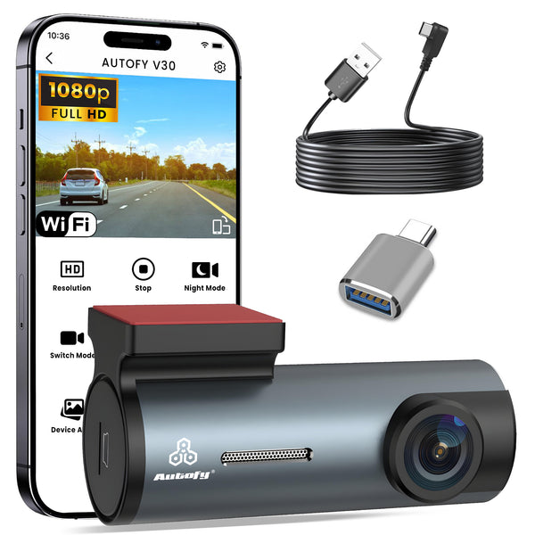 Autofy V30 Car Dash Camera 1080p HD (Front 2MP) with Plug & Play USB & Type-C Fitting