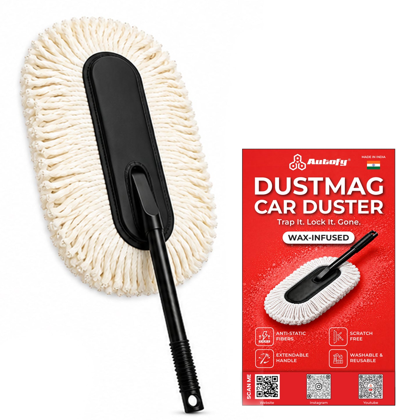 Autofy Car Duster for Car & Bike Wax-Infused Microfiber Fibers Scratch-Free, Anti-Static Dust Removal  One-Swipe Clean for SUV, Sedan, Hatchback Reusable & Washable Ergonomic Handle
