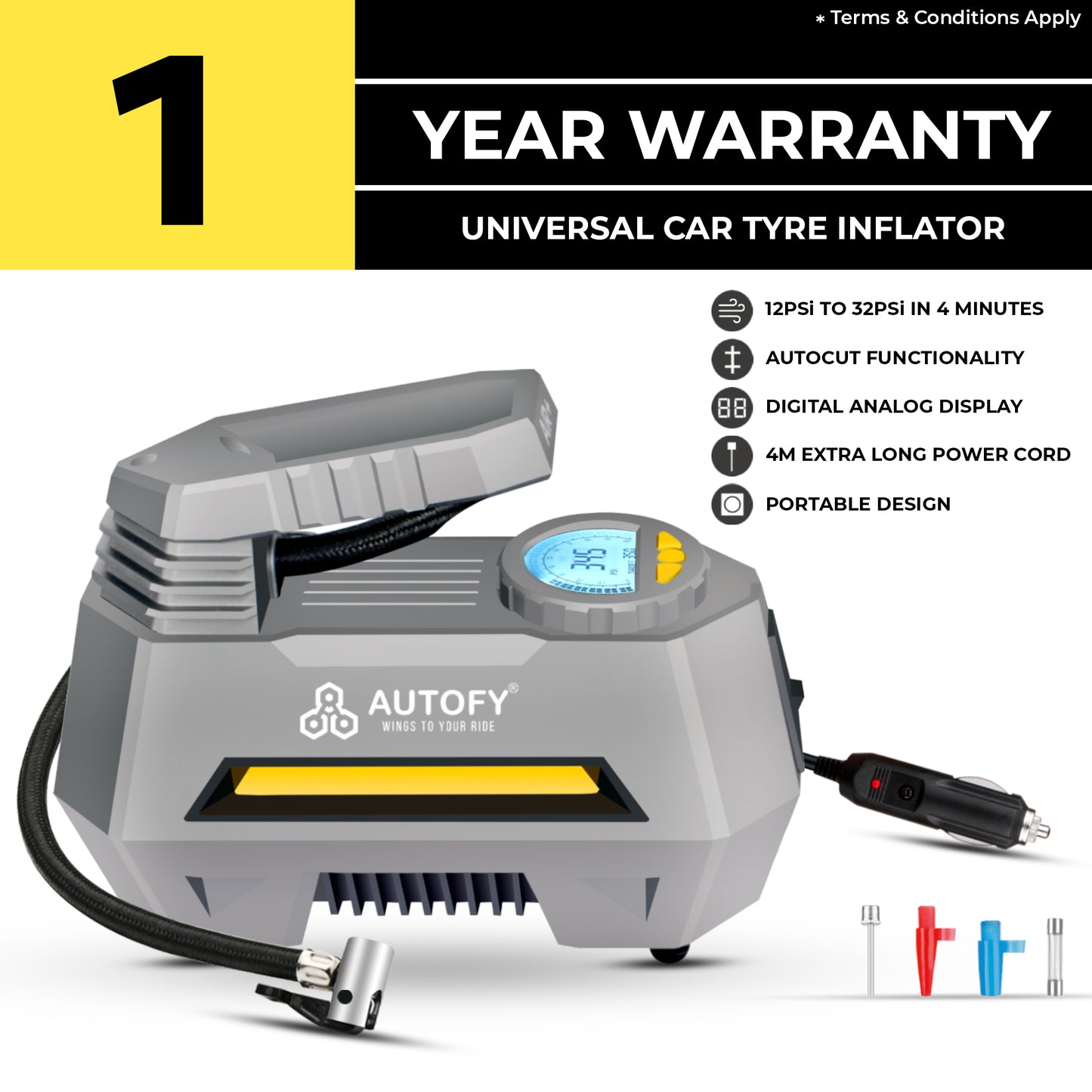 Autofy AIR+ 150PSi Car Tyre Inflator Pump (Digital & Analog Hybrid Display)