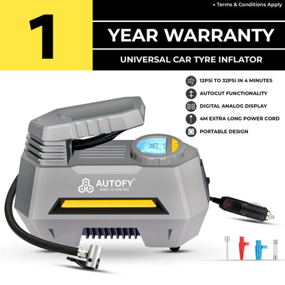 Autofy AIR+ 150PSi Car Tyre Inflator Pump (Digital & Analog Hybrid Display)