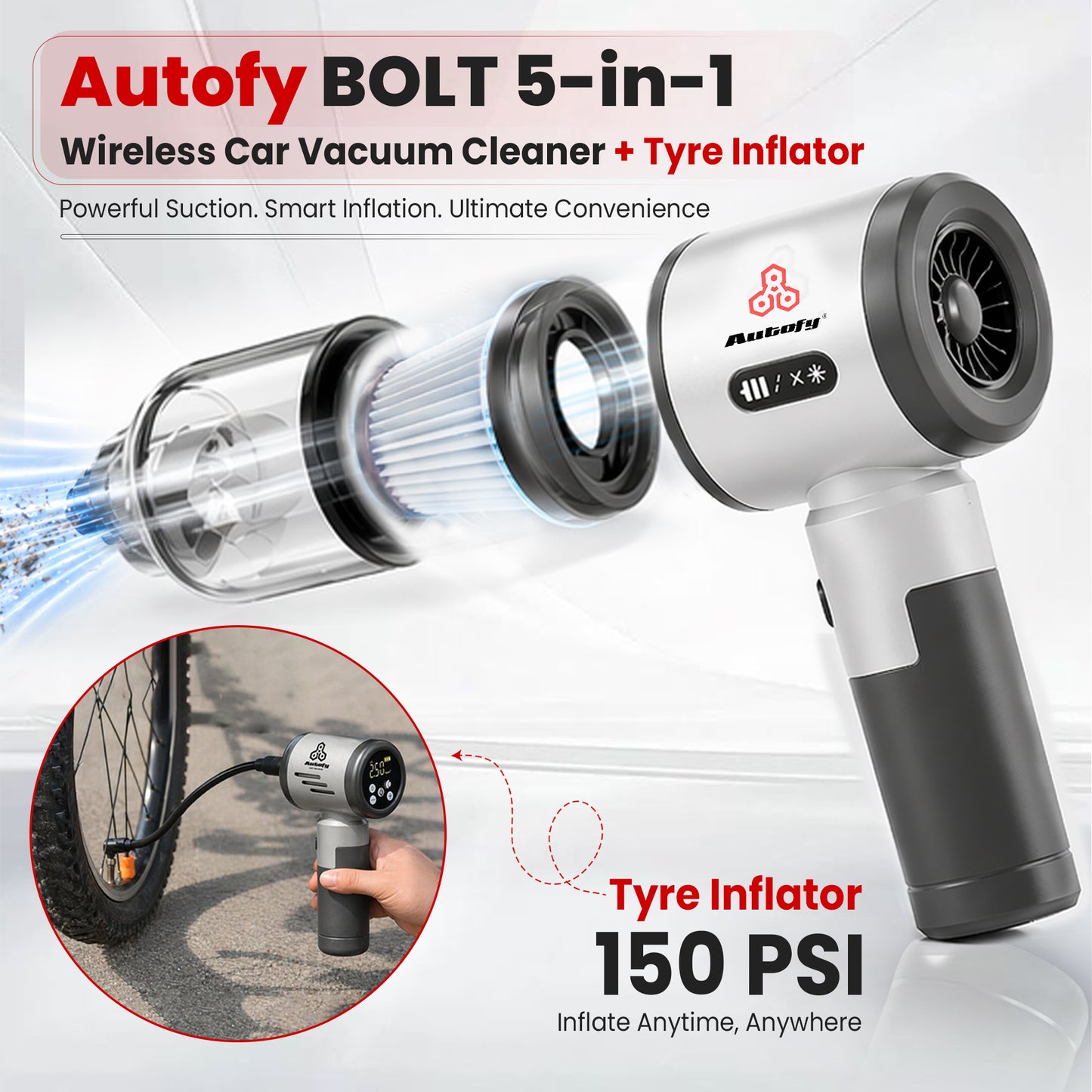 Autofy Bolt 5-in-1 Wireless Car Vacuum Cleaner & Tyre Inflator 18000Pa suction, 150 PSI inflator