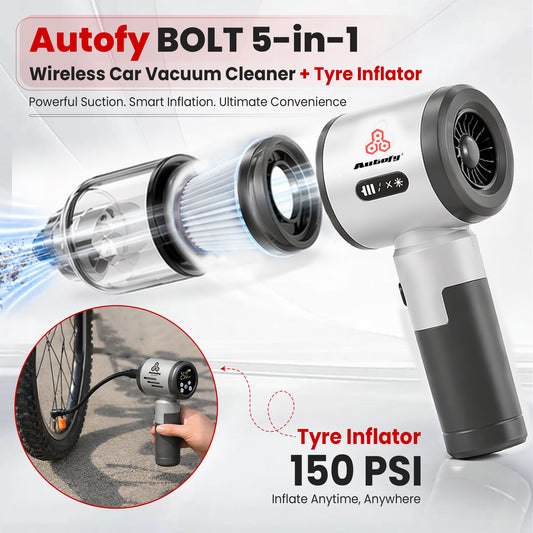 Autofy Bolt 5-in-1 Wireless Car Vacuum Cleaner & Tyre Inflator 18000Pa suction, 150 PSI inflator