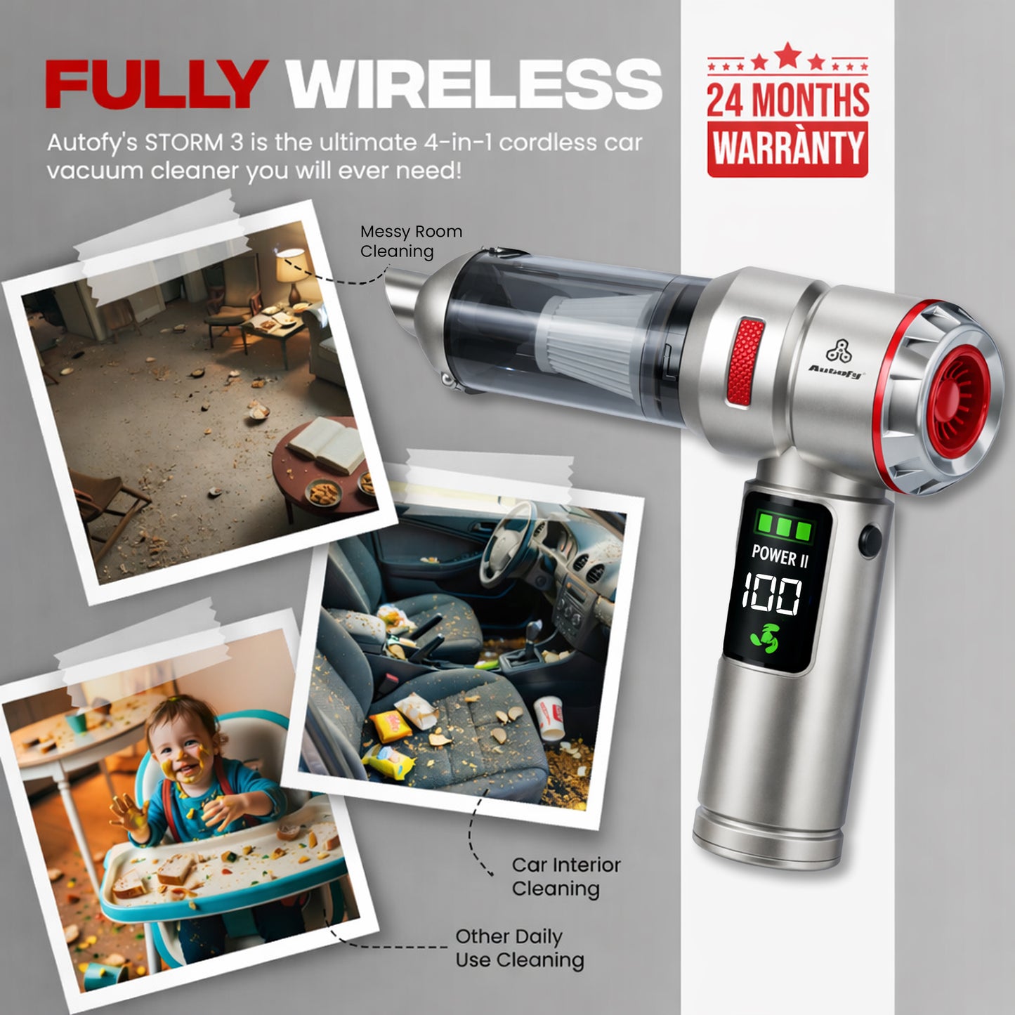 Autofy Storm 3 V2.0 Ultra Powerful - Fully Wireless Car Vacuum Cleaner Air Blower - BLDC Motor - 18000PA 3.5X More Suction Power | Digital Meter for Battery Monitoring, LED Handle Light & Easy-Open Dust Cap