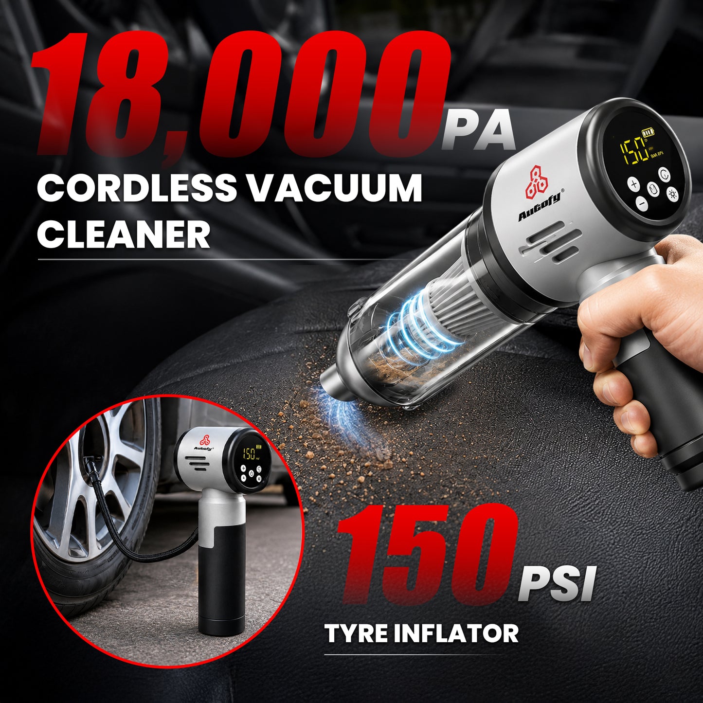 Autofy Bolt 5-in-1 Wireless Car Vacuum Cleaner & Tyre Inflator 18000Pa suction, 150 PSI inflator