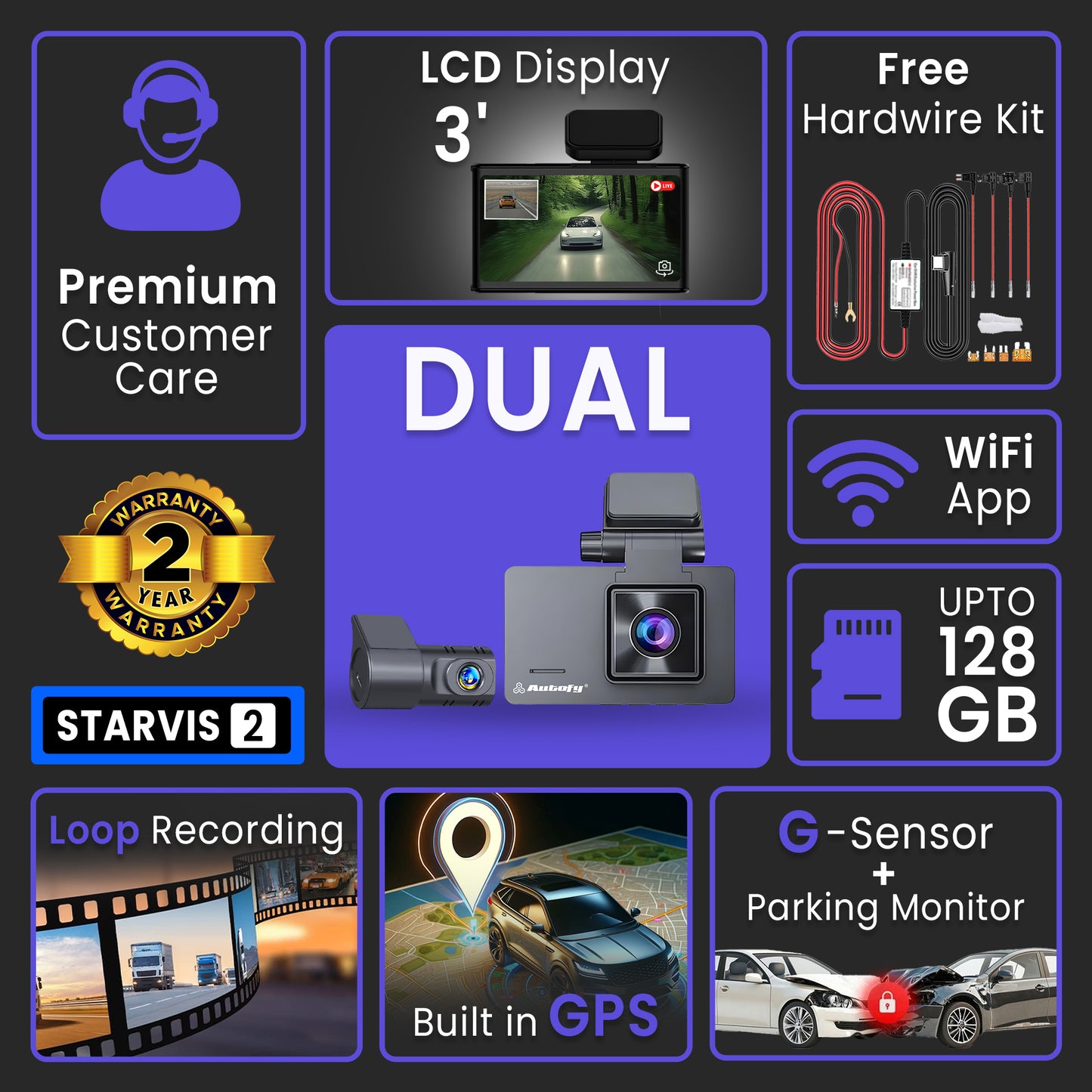 Autofy V50 Car Dash Camera 4K Ultra HD (8MP) Front 2K QHD (4MP) Rear STARVIS 2 IMX415 Sensor & Built-in GPS