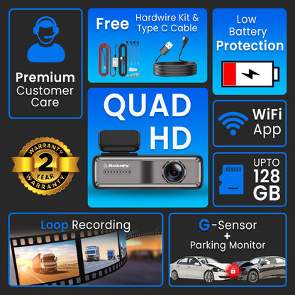 Autofy V12 Car Dash Camera 2K QHD (4MP) Plug & Play with USB & Type-C Fitting & Free Acc Wiring Kit