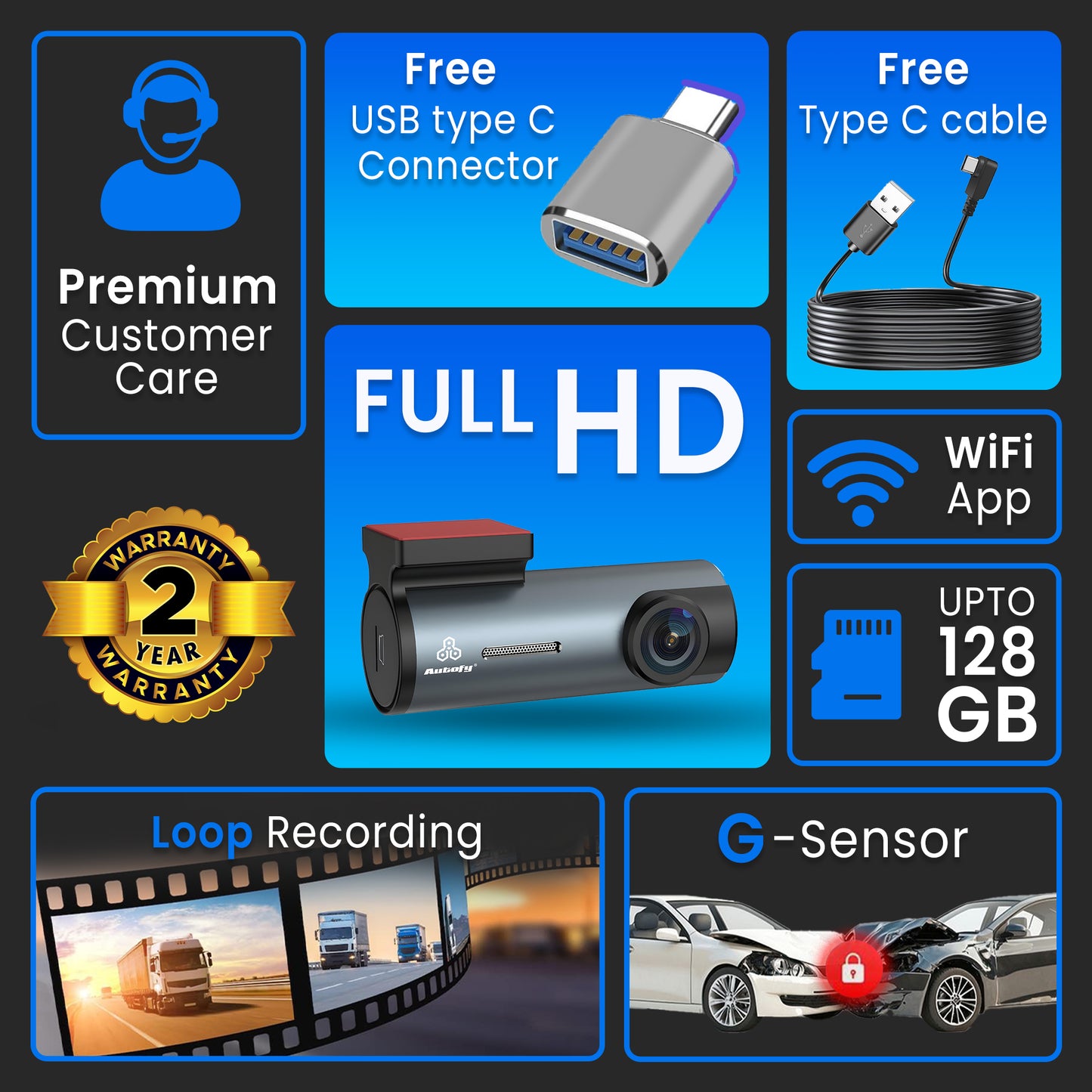 Autofy V30 Car Dash Camera 1080p HD (Front 2MP) with Plug & Play USB & Type-C Fitting