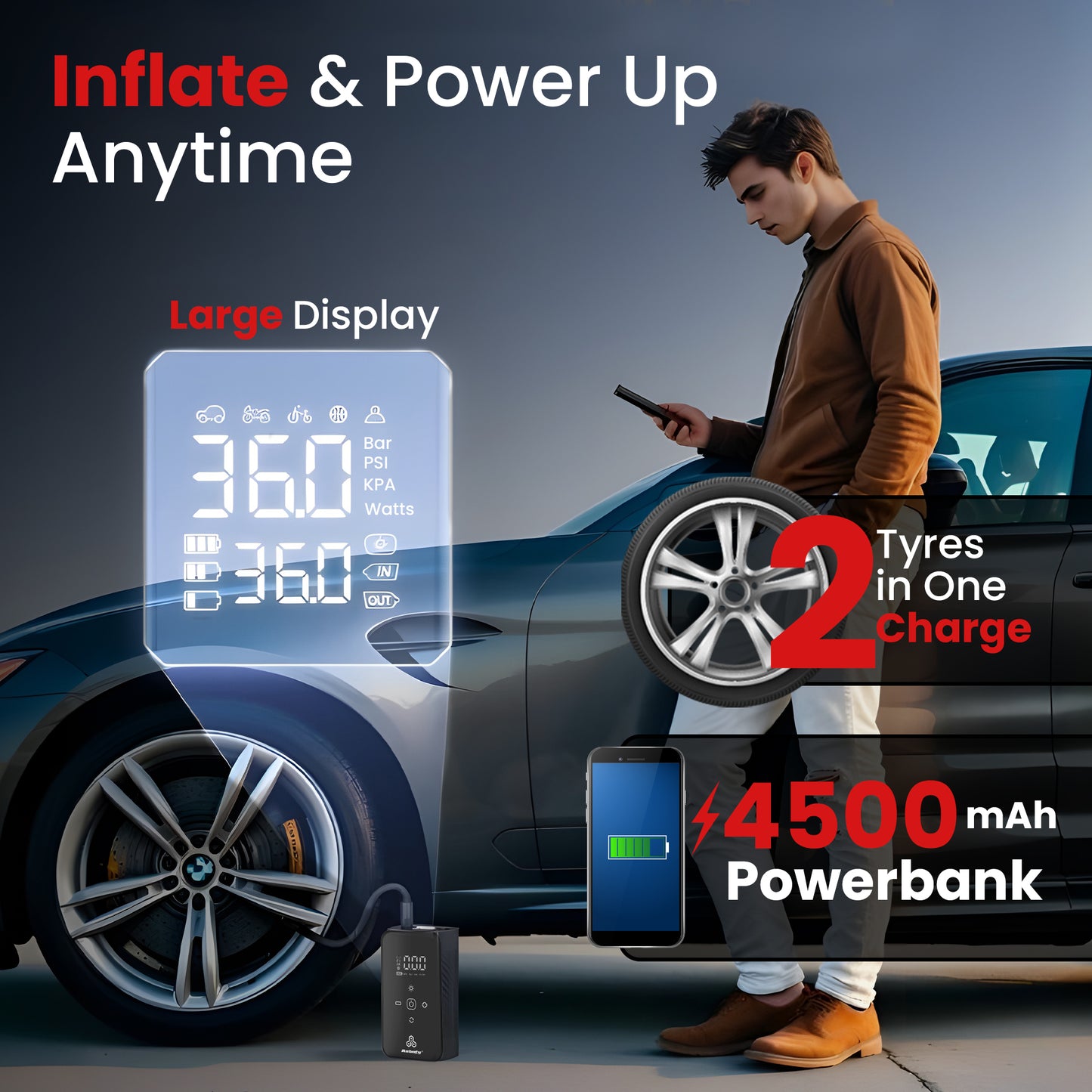 Autofy AirBit Dual Power Mode Battery & Corded 140PSI Car Tyre Inflator Pump